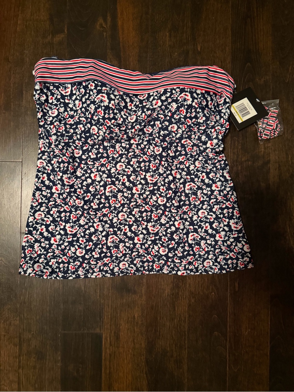 Ellen Tracy Navy Floral Strapless Swim Tankini with Red & White Stripe Band